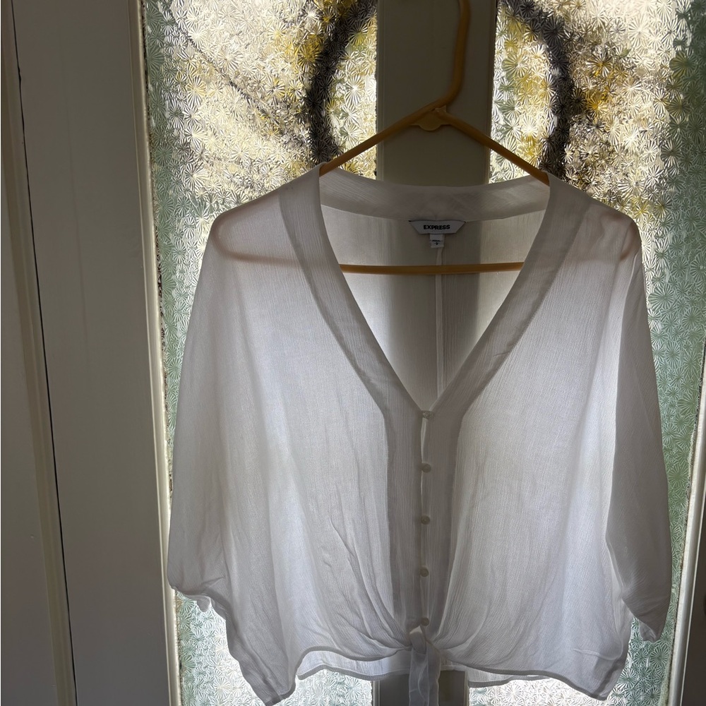 Express S White Sheer Tie-Front Blouse